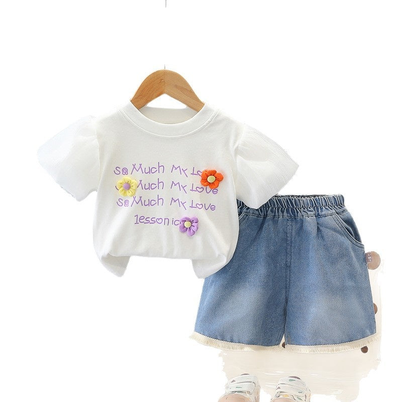 Girls' Outfit 2026 New Fashionable Baby Summer Clothes Three-Flower Short-Sleeve Two-Piece Set Children's Clothing