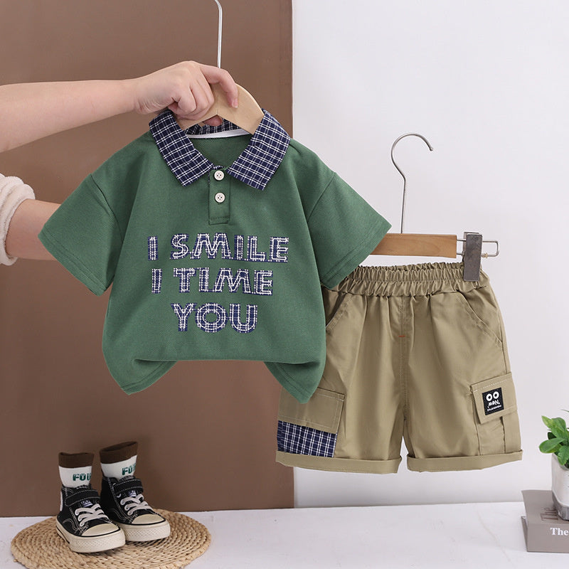 Boys' Summer Outfit 2026 New Style 1-2-3 Years Old, Stylish Plaid Patchwork Short Sleeve and Shorts Two-Piece Set for 4-Year-Olds