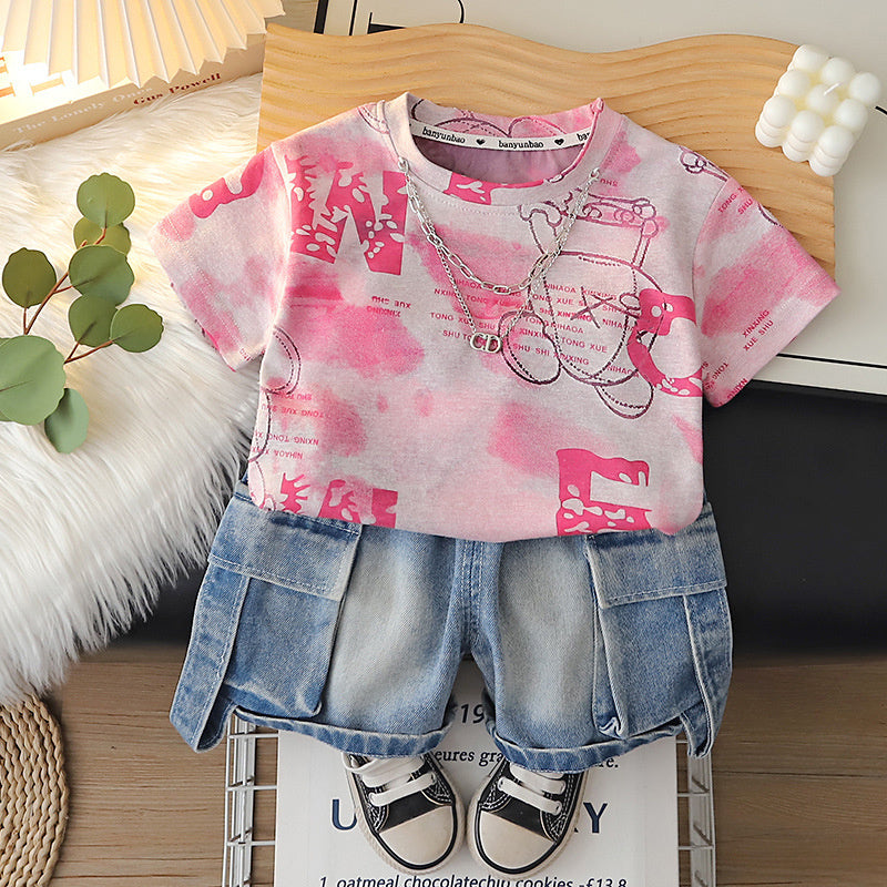 Outfit 2026 New Style Toddler Baby Summer Clothes Boys' Tie-Dye Big Bear Short Sleeve Two-Piece Set Trendy