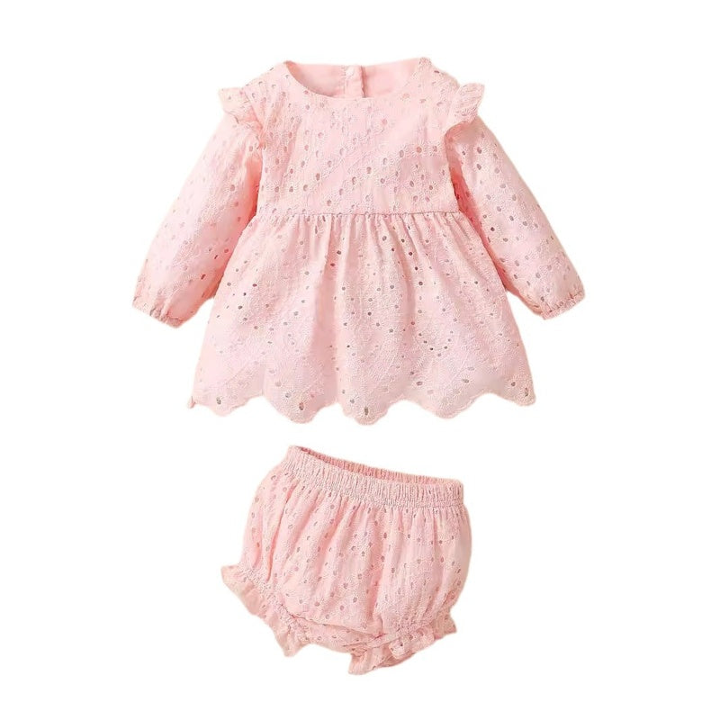 Cross-border infant cotton dyed pink and white long-sleeved dress + shorts two-piece set AL064 #
