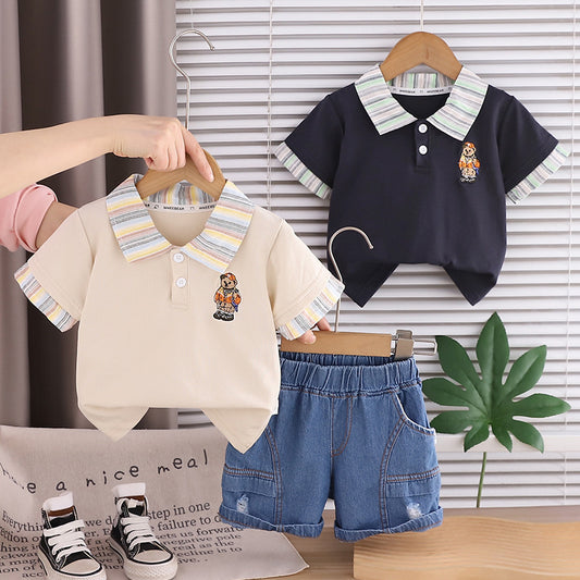 Children's Summer Clothing 2026 New Model Baby Embroidered Cartoon Bear Short Sleeve Two-Piece Set Trendy