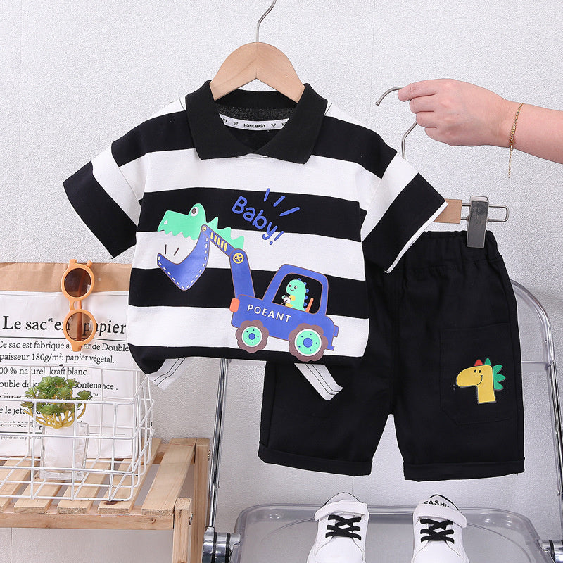 Boys' Outfit Set Korean Style Trendy Children's Striped Cartoon Excavator Short Sleeve Clothing for One-Year-Old Baby Summer Clothes