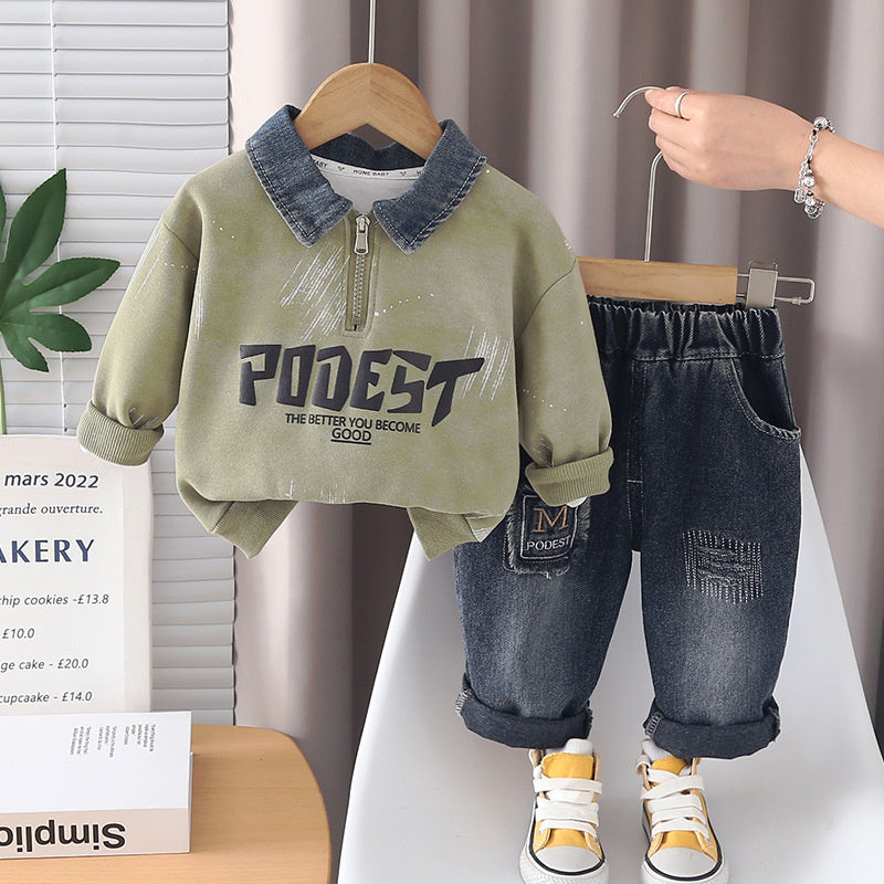 Boys' Outfit 2026 New Fashionable Children's Spring and Autumn Clothes Baby Boy's Foam Letter Sweatshirt Two-Piece Set