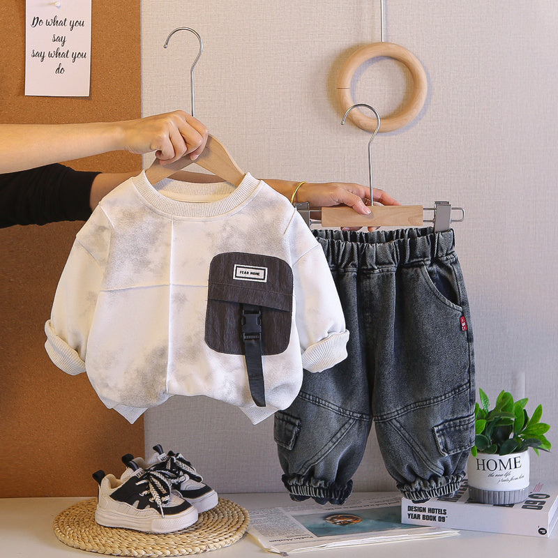 Boys' Round Neck Sweatshirt Set 2026 New Autumn Two-Piece Outfit Trendy Baby Casual Sports Children's Cool Clothes