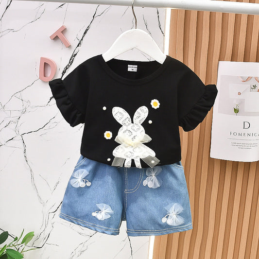 Girls' Clothing 2024 New Summer Korean Style Pure Cotton Set Baby Girls, Short Sleeve Two-Piece Outfit for Young Girls