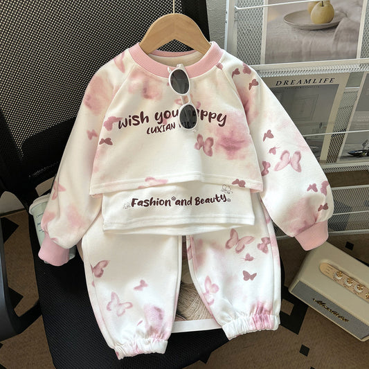 Autumn Girls' Korean Cotton Three-Piece Set Fashionable Big Baby Girl Clothing Tie-Dye Versatile Princess Style