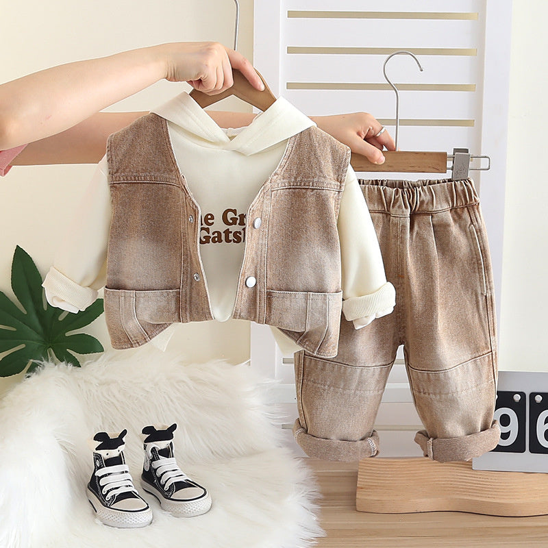 Baby Clothes Stylish Boys 2025 New Spring Autumn Infant Children Hat Letter Vest Three-Piece Set