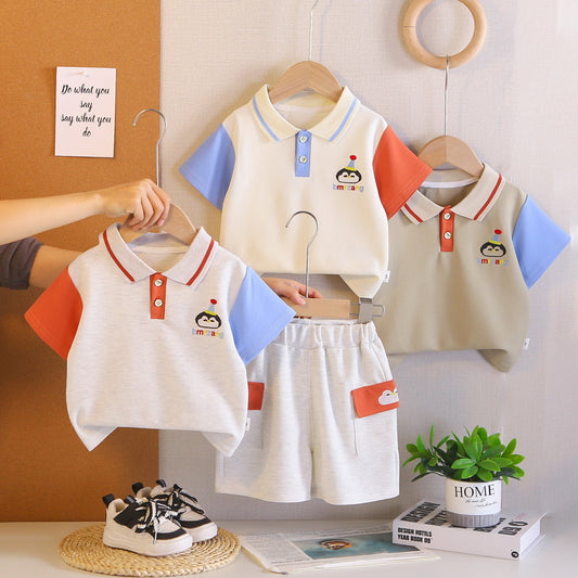 Boys' Outfit 2026 New Summer Short-Sleeve Casual Baby Boy Color-Block Penguin Two-Piece Set Children's Clothing