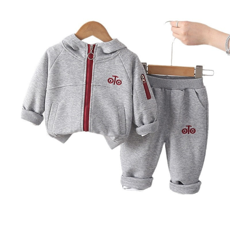 Boys' 2026 Spring Casual Set: Solid Color Hooded Zipper Jacket and Sporty Simple Two-Piece Set with Contrasting Colors