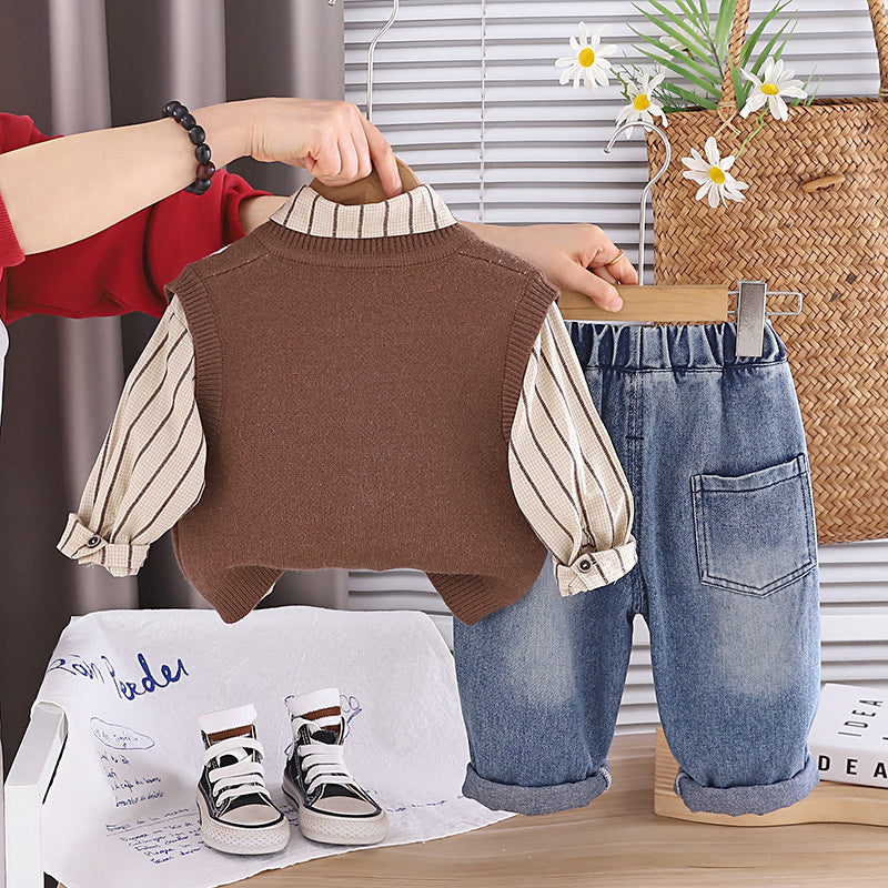 Boys' Spring Outfit 2026 New Fashionable Baby Children's Cartoon Little Sun Sweater Three-Piece Set