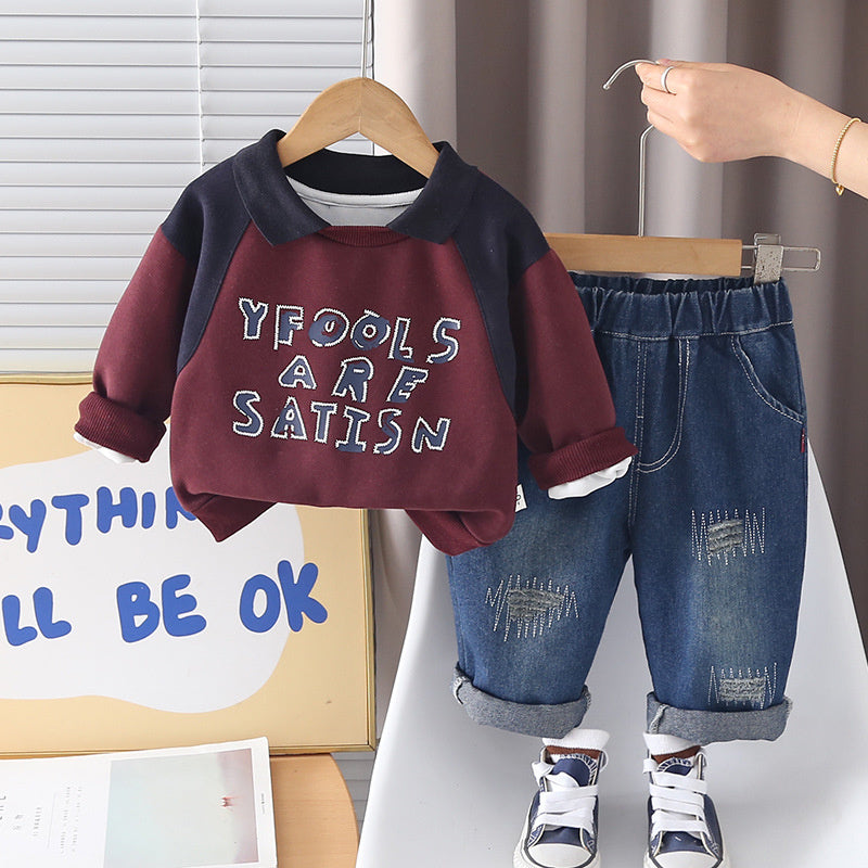 Boys' and Autumn Letter Collar Sweatshirt Set 2026 New Children's Spring Sportswear Fashionable Korean Style for Babies
