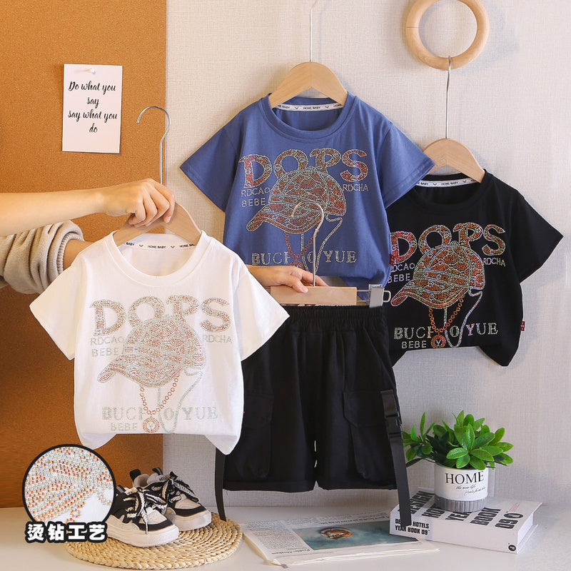 2026 Foreign Trade Summer Round Neck Rhinestone Children's Printed Thin T-shirt and Denim Two-piece Set Wholesale 3