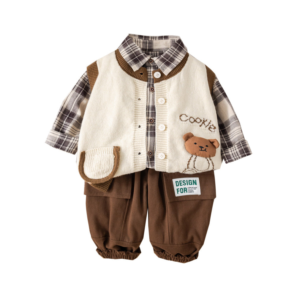 Baby Spring and Autumn 1-3 Years Old Boys Bear Sweater Three-Piece Set Trendy Toddler Korean Style Fashionable Clothes Children's Fashion