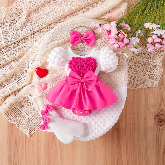Baby girl three-piece set: bubble sleeve dress with heart embroidery decoration, bow headband, and socks