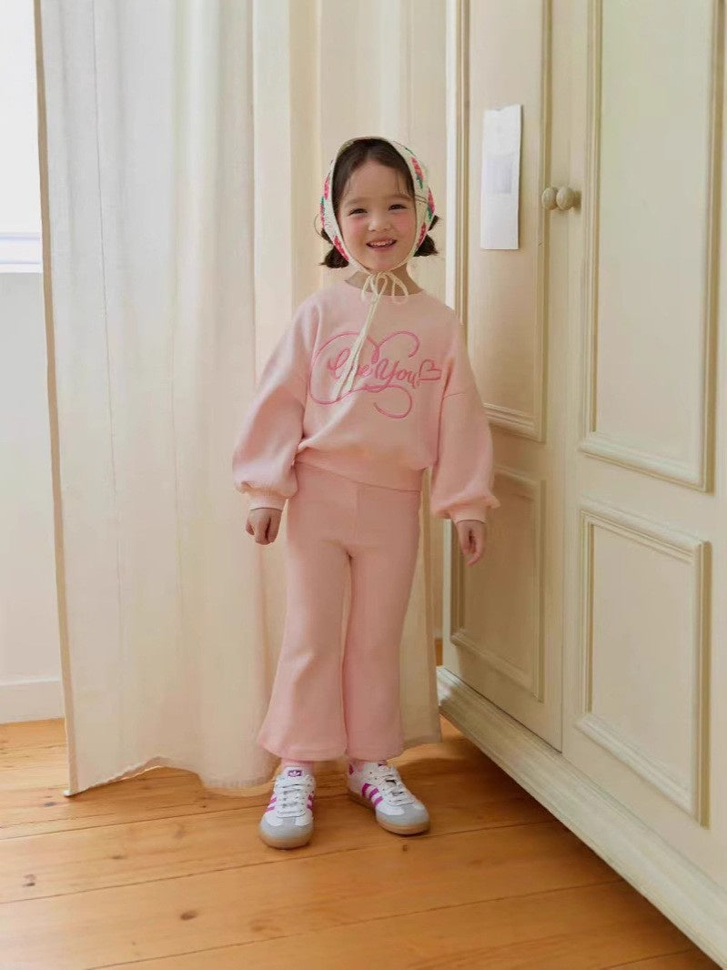 New Spring Autumn Korean Style Casual Heart Embroidery Bow Colorful Girls' Sweatshirt and Sweatpants Solid Color Two-Piece Set