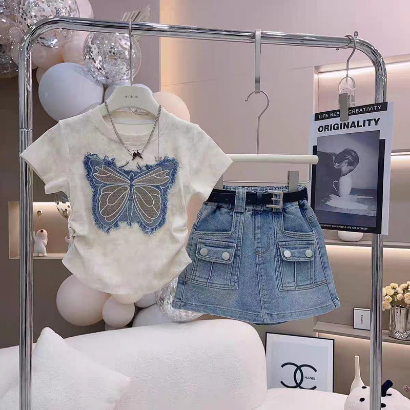 Girls' 2026 Summer New Children's Clothing Set with Unique Bow Embroidered Top and Denim Skirt