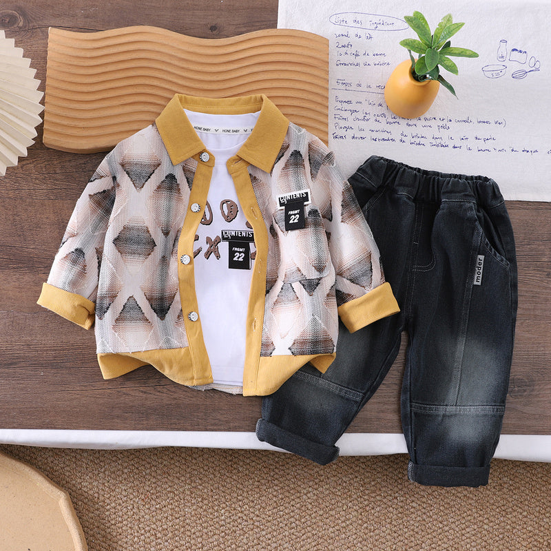 Boys' Outfit 2026 New Stylish Color-Block Shirt Clothes Spring and Autumn Three-Piece Set for Trendy Little Boys