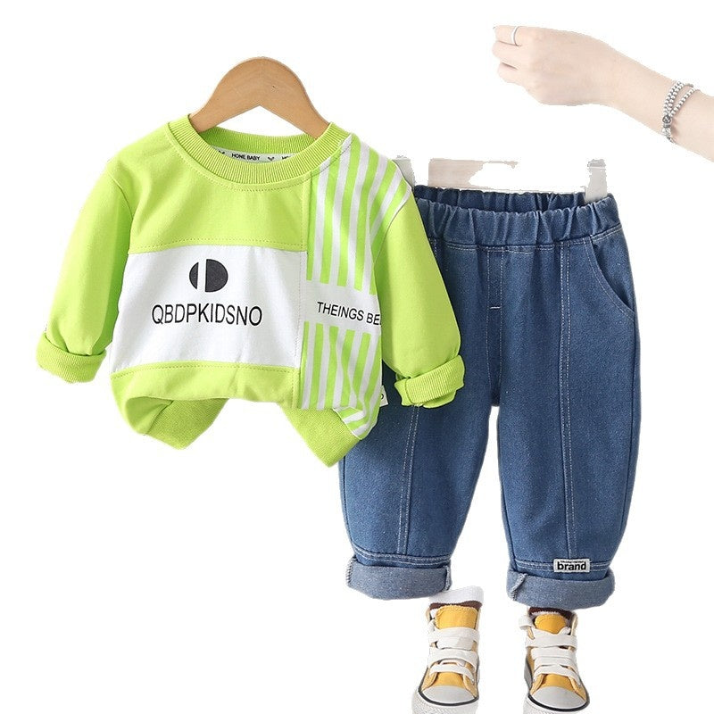 Boys' Outfit Set 2026 New Style Infant Children's Spring and Autumn Striped Sweatshirt Two-Piece Handsome Color-Block Clothes for Baby Boys