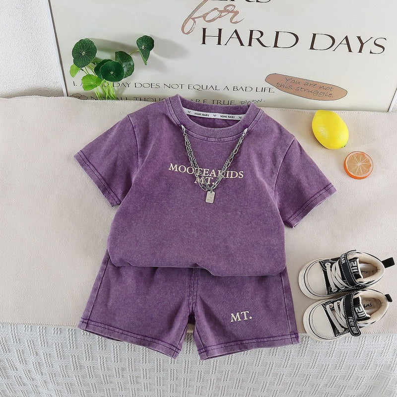 2026 New Children's Short-Sleeve Set for Boys, Baby Two-Piece Outfit with Chain Letter Design, Summer Casual Outing Clothes