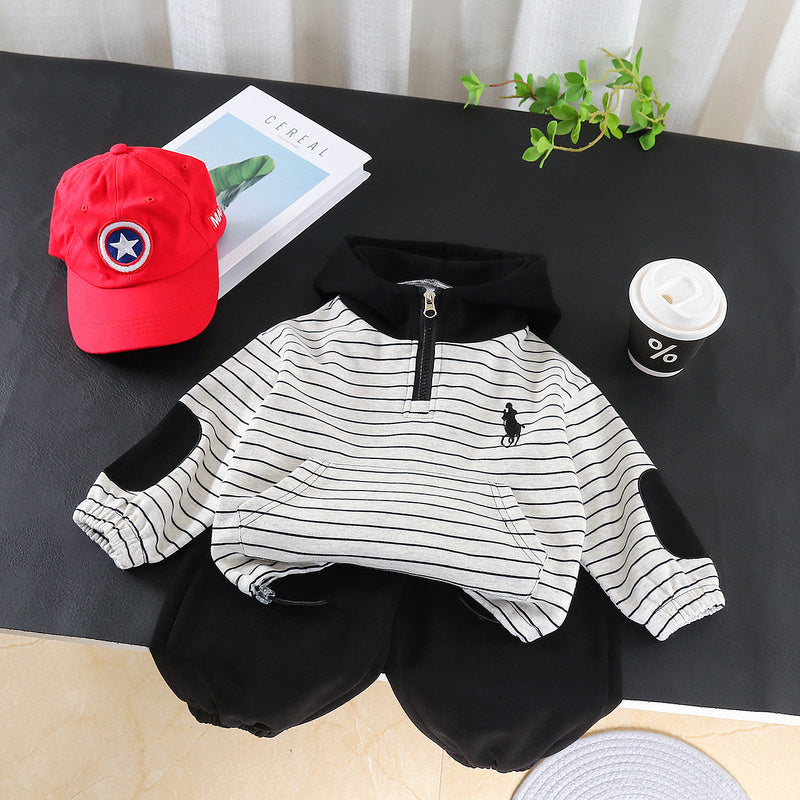Boys' Outfit 2026 New Style Infant Children's Spring Autumn Striped Hooded Sweatshirt Two-Piece Set for Boys, Stylish and Trendy