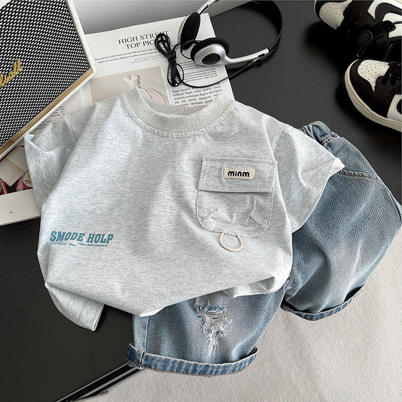 Boys Outfit Letter Pocket Set Baby Summer Sports Children's Clothing Toddler Short Sleeve Stylish 4 Infant 3 Clothes