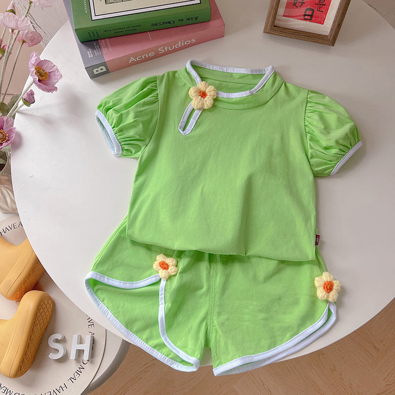 Girls' Summer Chinese Style Floral Short Sleeve 2026 New Fashionable Children's Casual Shorts Two-Piece Set