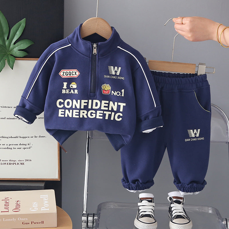 Boys' Spring and Autumn Outfit 2026 New Fashionable Children's Motorcycle Jacket Sweatshirt Korean Style Casual Long Pants Two-Piece Set Trendy