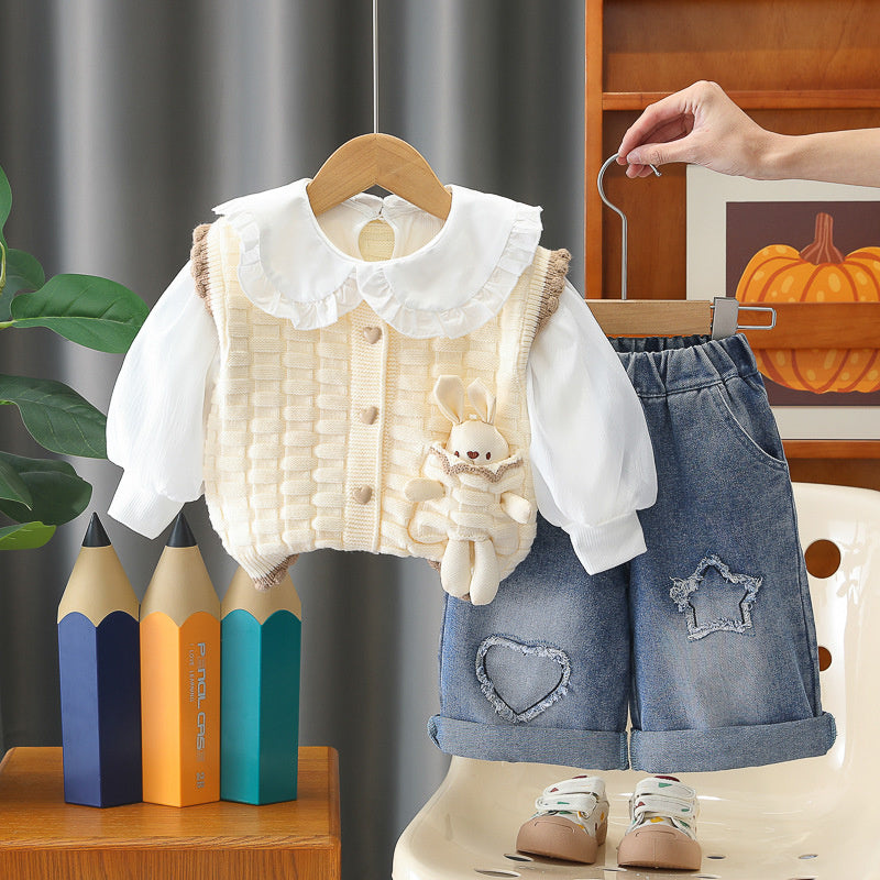 Baby Girl Outfit 2026 New Fashionable Infant Clothes Girls' Spring and Autumn Cartoon Doll Rabbit Sweater Three-Piece Set