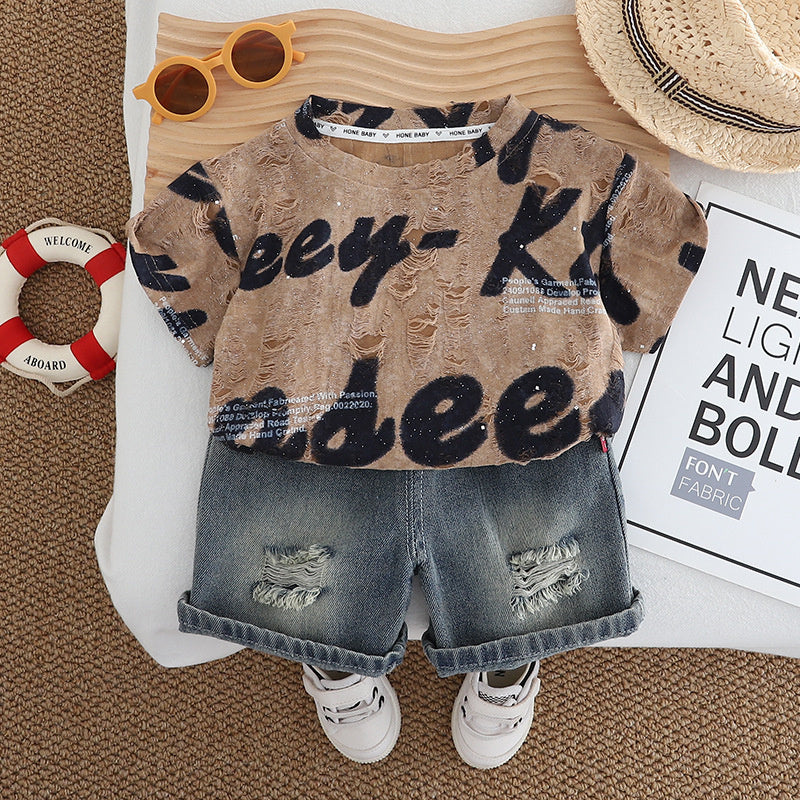 Boys Summer Suit Handsome 2025 New Korean Version Children's Stylish English Short Sleeve Baby Thin Two-Piece Set Trendy