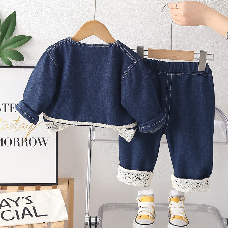 Girls' Outfit for and Autumn 2026 New Style Baby Girl Patchwork Denim Two-Piece Set Children's Korean Fashion Spring Clothes