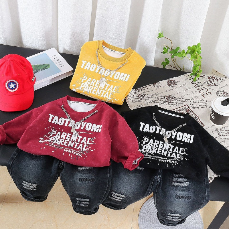 Boys' Suit 2026 New Stylish English Sweatshirt for Children, Outfit, Baby Clothes, Spring and Autumn Two-Piece Set