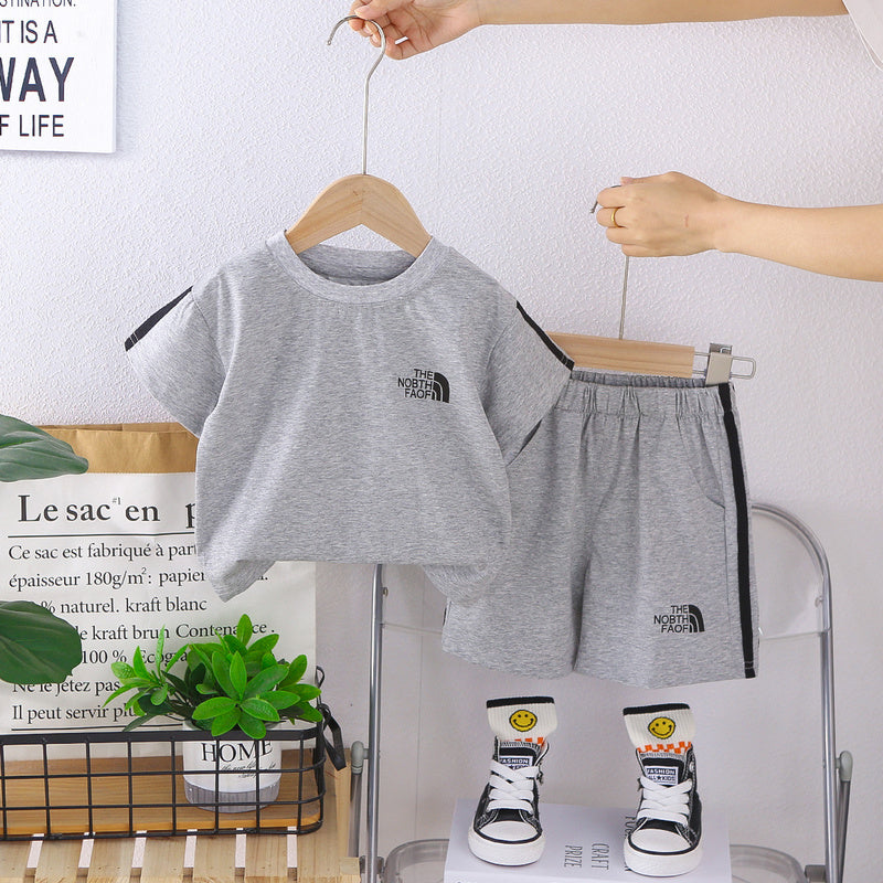 Children's 2026 Summer New Style Boys' Korean Version Casual Striped Round Neck Sports Two-Piece Set Short Sleeve Shorts