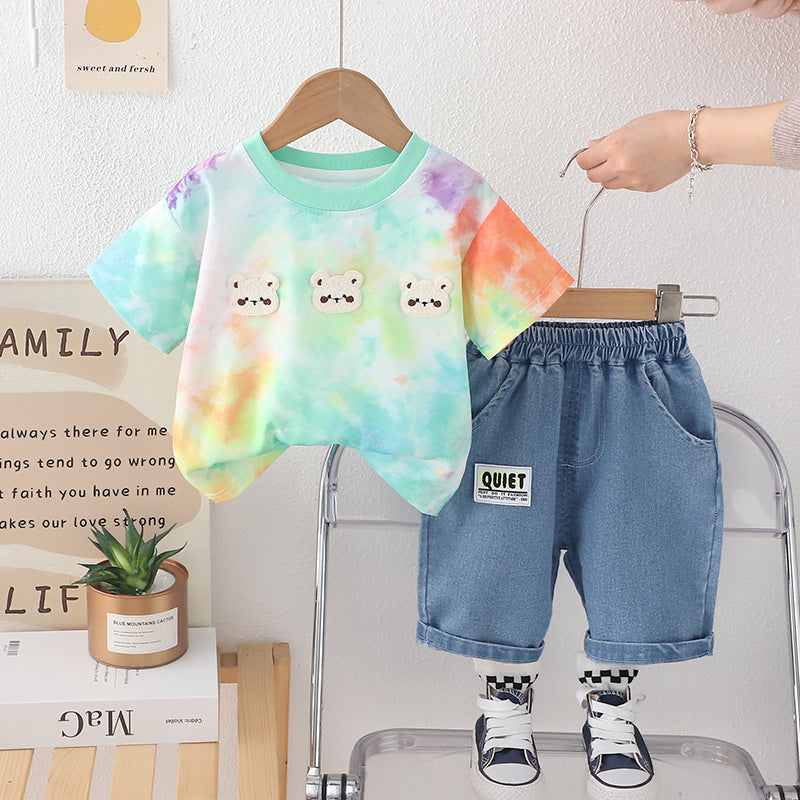 Baby Outfit: Infant Three Little Bears Short Sleeve Two-Piece Set, Boys' Summer Clothing, New 2025 Model for Infants and Toddlers, Dropshipping Available