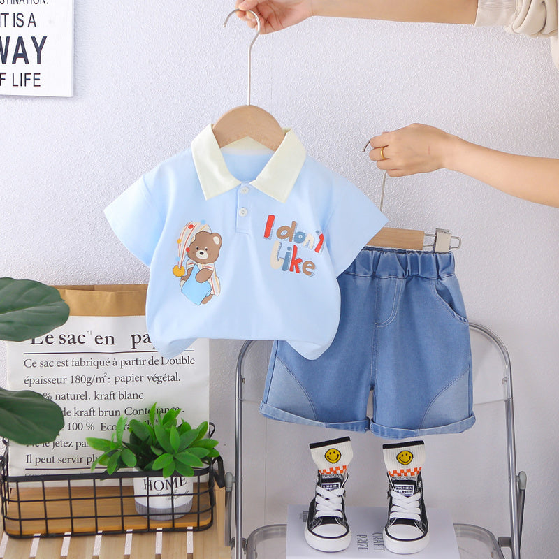 Boys' Short-Sleeve Outfit 2026 New Children's Summer Clothes Baby Happy Bear Two-Piece Set Trendy