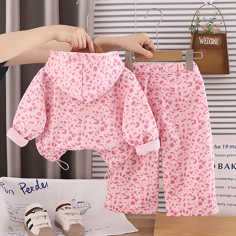 Children's Spring and Autumn Outfit for Girls, Stylish Hooded Leopard Print Jacket Set, Toddler Casual Sports Two-Piece Clothing Trendy