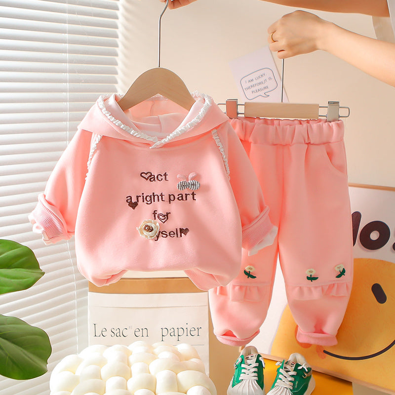 Girls' Autumn 2026 New Fashionable Spring Outfit Baby Lace Hooded Sweatshirt Cartoon Two-Piece Set for Infants and Children