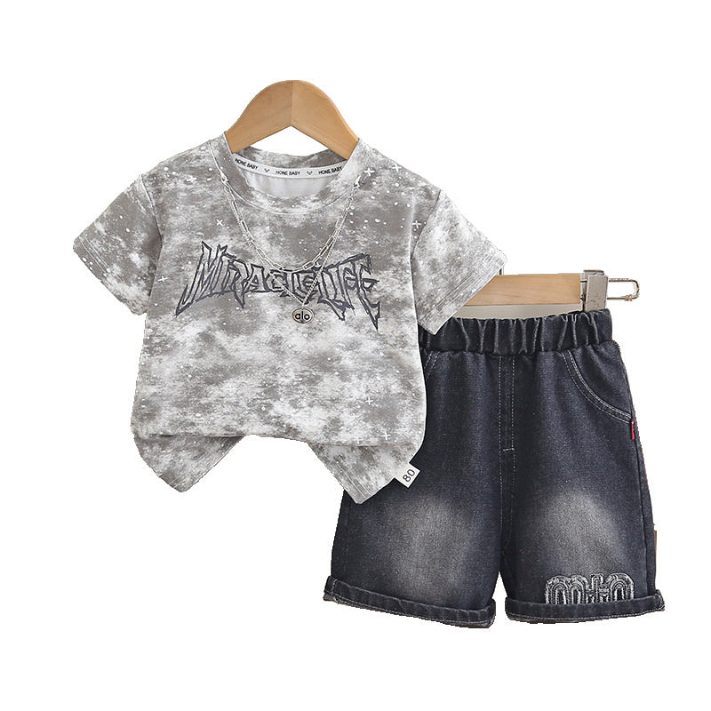 Boys' Outfit 2026 New Style Children's Summer Tie-Dye Necklace Short Sleeve Stylish Two-Piece Set Trendy Kids' Clothing