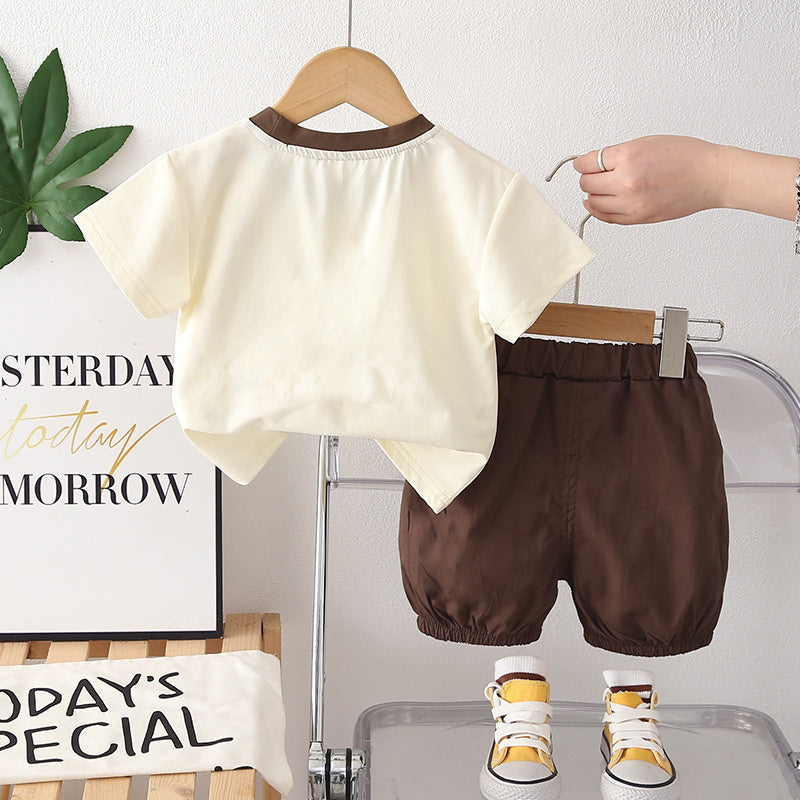 Baby Boy Outfit Stylish Children's Clothing for 1-3 Years Old, Summer Plaid Pocket Short Sleeve Two-Piece Set, Trendy