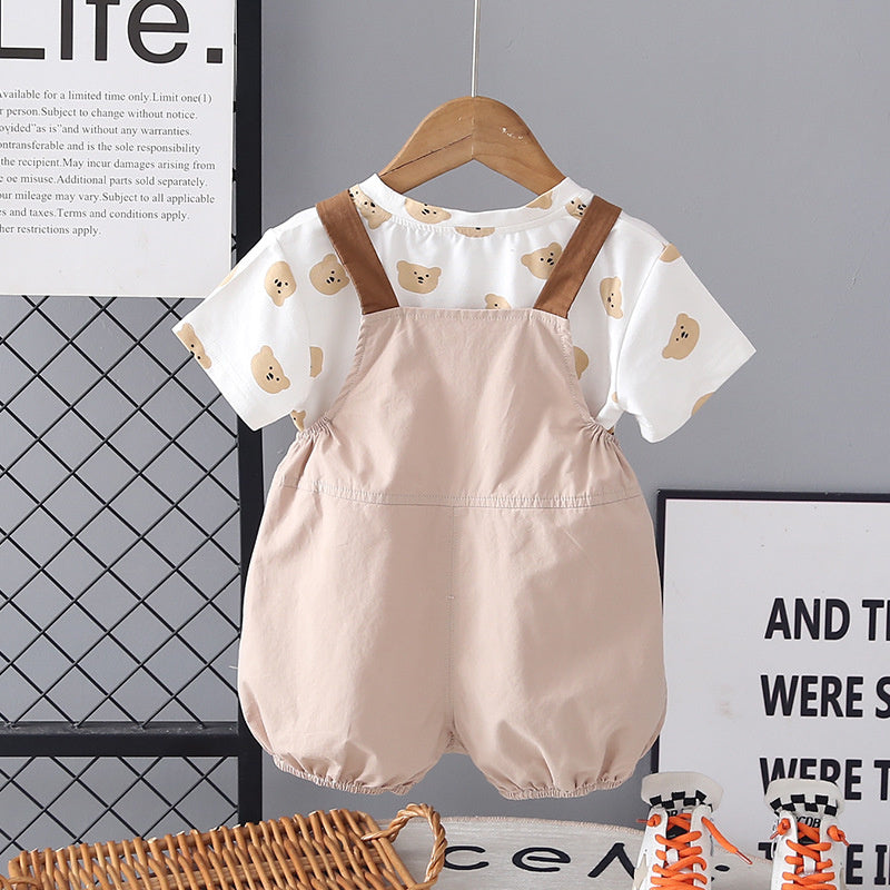 Boys' Outfit 2026 New Style Children's Stylish Bear Overalls Short Sleeve Two-Piece Set Summer Toddler Clothes