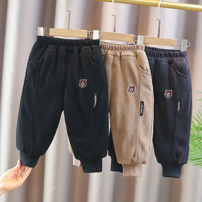 Side Label Bear Head Cotton Thickened Baby One-Piece Boys' Winter Quilted Casual Pants Trendy