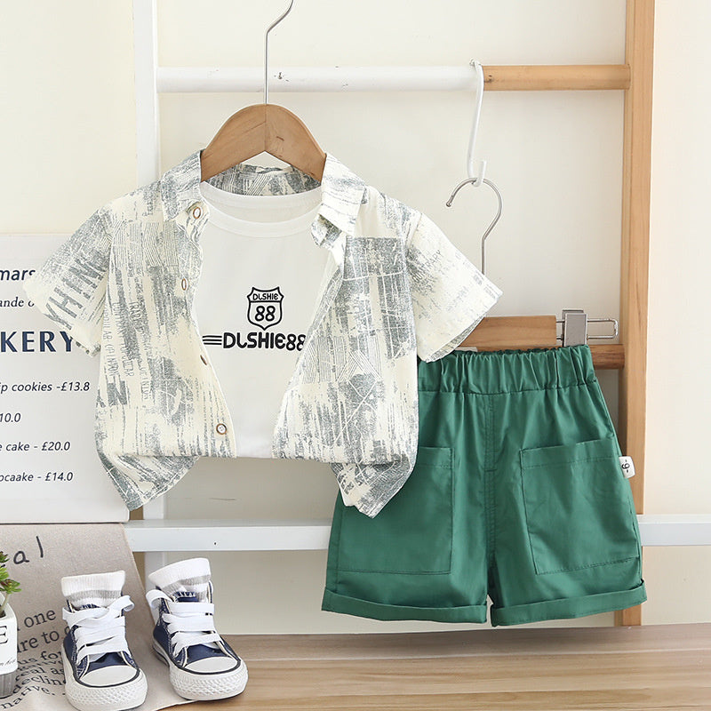 Boys' Summer Outfit 2026 New Model Children's Short-Sleeve Graffiti Letter Shirt Three-Piece Set for Boys 1-3 Years Old Trendy