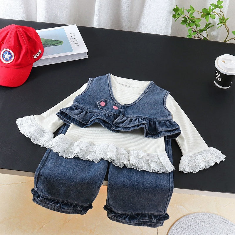 Girls' Outfit 2026 New Children's and Autumn Denim Suit with Large Bow on the Back Baby Girls, Korean Style for Spring