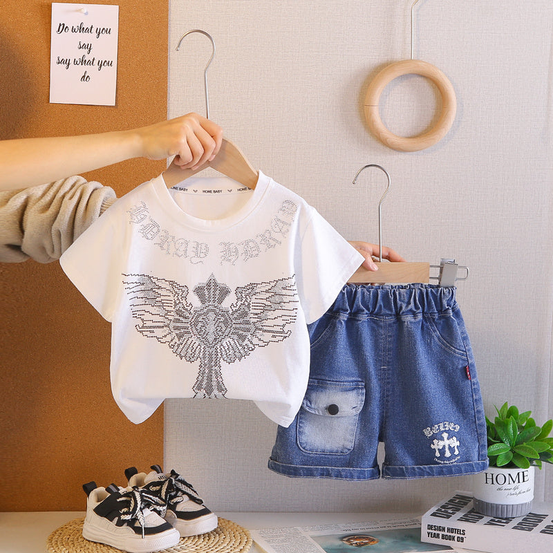 2026 Foreign Trade Summer Round Neck Rhinestone Children's Printed Thin T-shirt and Denim Two-piece Set Wholesale 3