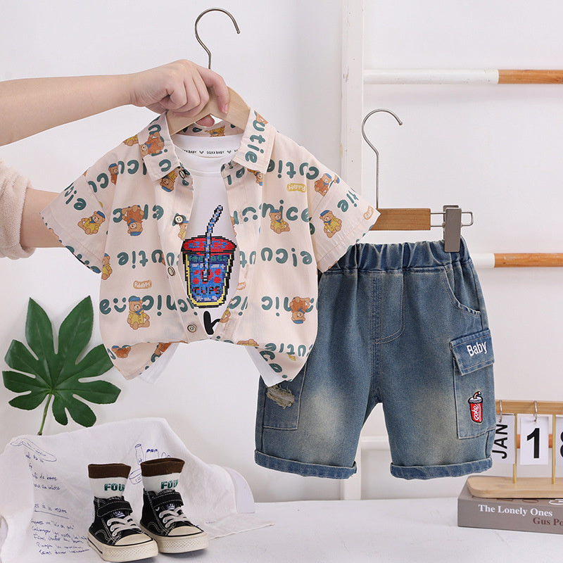 Boys' Outfit 2026 New Fashionable Baby Summer Letter Bear Cardigan Three-Piece Set Infant Children's Clothing