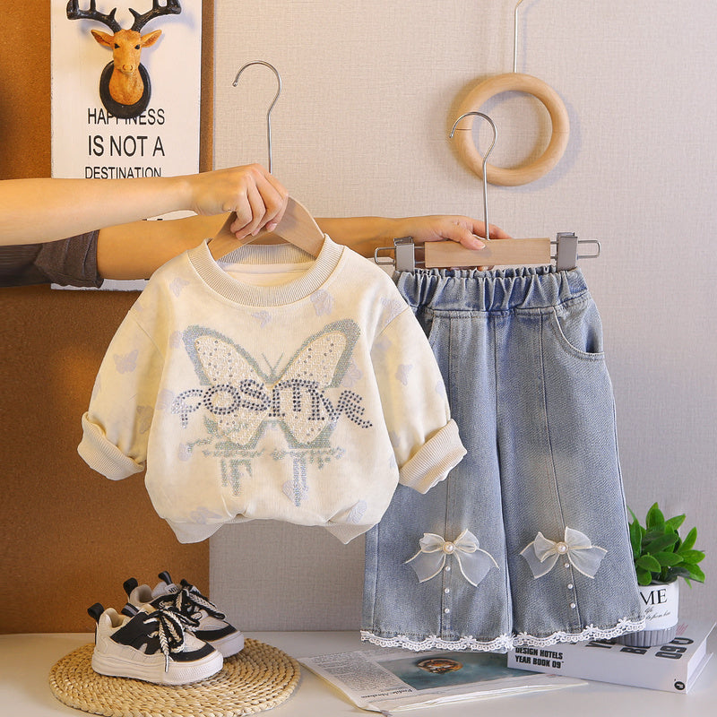 Girls' Outfit Autumn 2026 New Fashionable Children's with Sparkling Rhinestones and Large Bow, Long Sleeve Baby Girl Spring Two-Piece Set Trendy