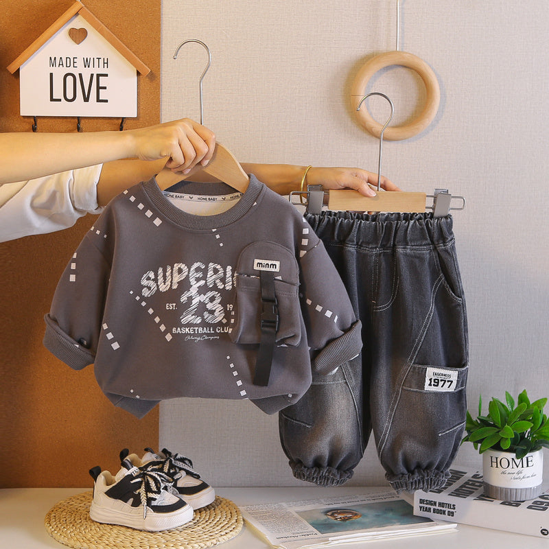Boys' Outfit Baby 2026 New Fashionable Infant Spring and Autumn Letter Pocket Sweatshirt Two-Piece Set Trendy