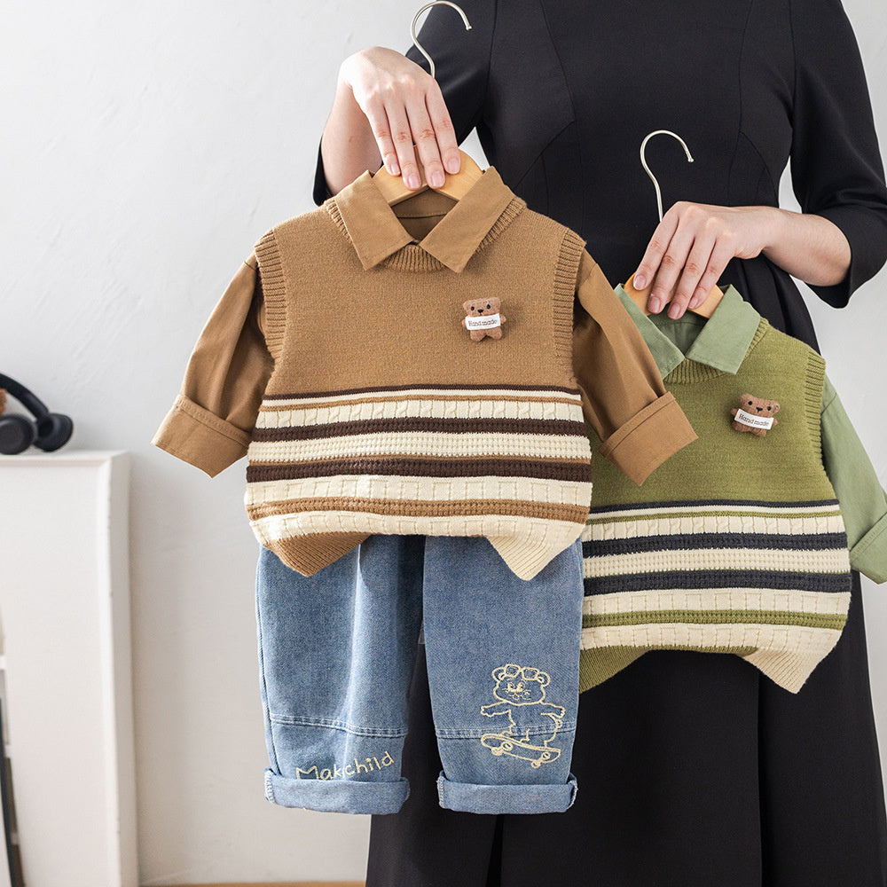 Boys' and Autumn Outfit 2026 New Stylish 1-3 Year Olds, Spring Striped Bear Vest Three-Piece Set for Toddlers