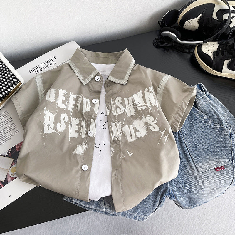 Boys' 2026 New Stylish Children's Short-Sleeve English Shirt Three-Piece Set Baby Summer Fashion