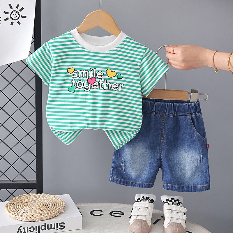 Boys' Short-Sleeve Summer Outfit 2026 New Children's Cartoon Cute Striped Heart Baby Shorts Two-Piece Set Trendy