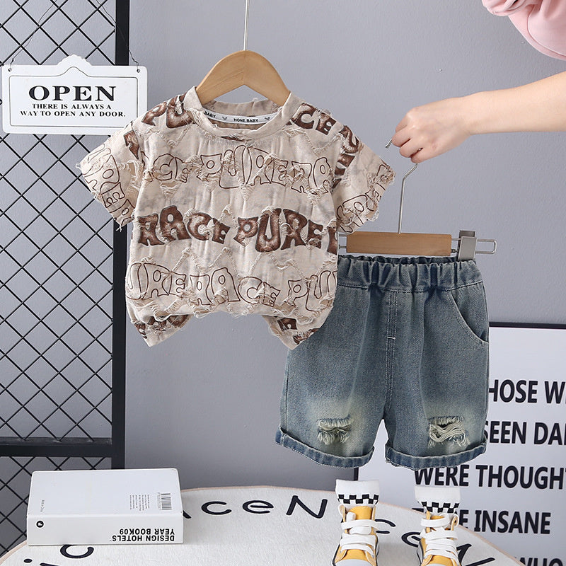 2025 Trendy Clothes Baby Outfit Boys Summer New Style Two-Piece Set English Ripped Short Sleeve Toddler